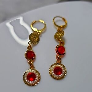 Elegant Gold and Red Dangle Earrings